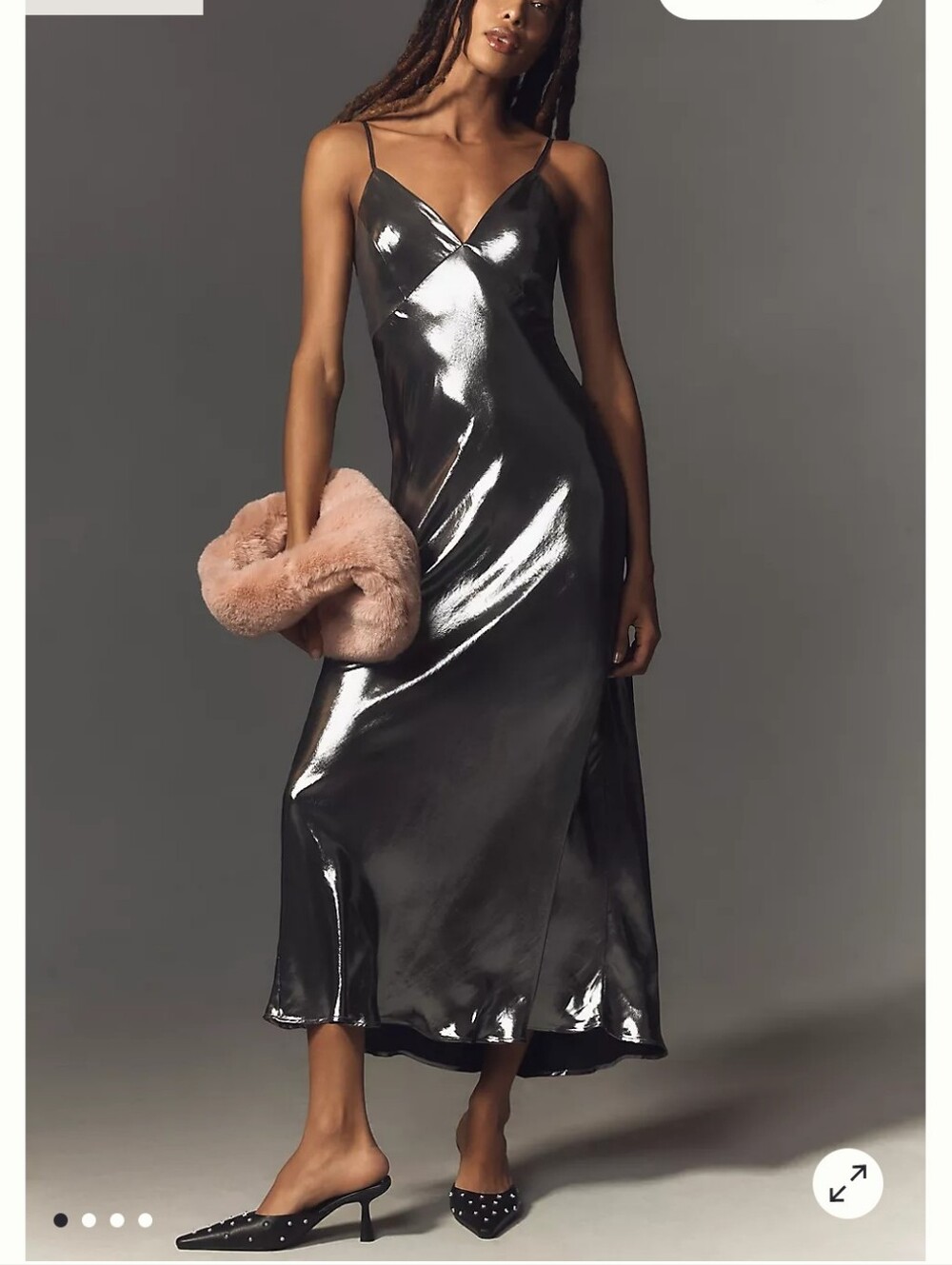 Anthropologie Metallic V Slip Midi Dress with Spaghetti Straps